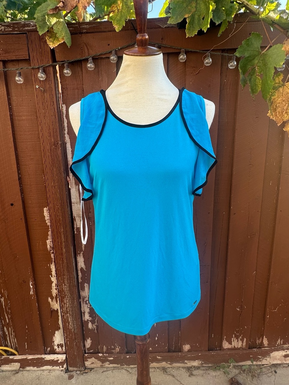 Calvin Klein Turquoise Ruffle Sleeve Tank with Black Trim